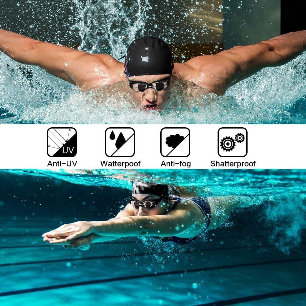 Swim Goggles Swimming Goggles No Leaking with Nose Clip, Earplugs, Swim Cap and Case