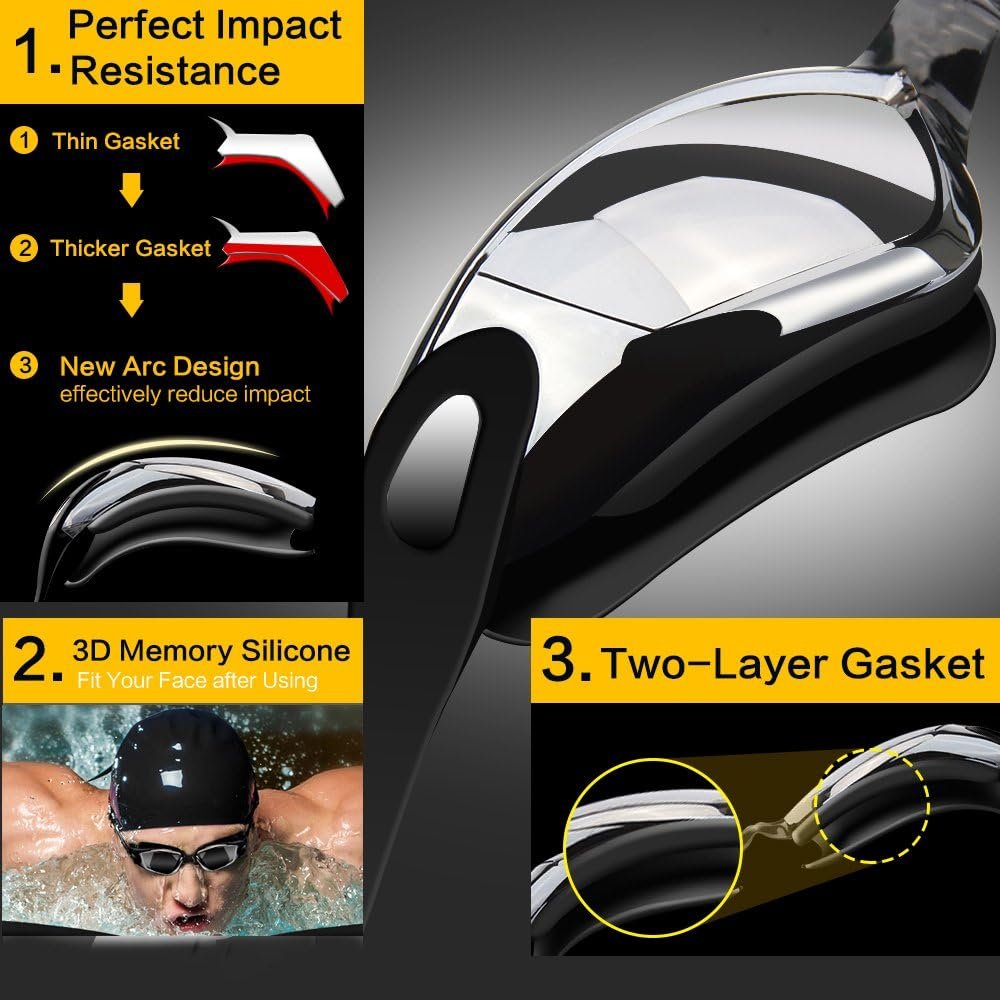 Swim Goggles Swimming Goggles No Leaking with Nose Clip, Earplugs, Swim Cap and Case