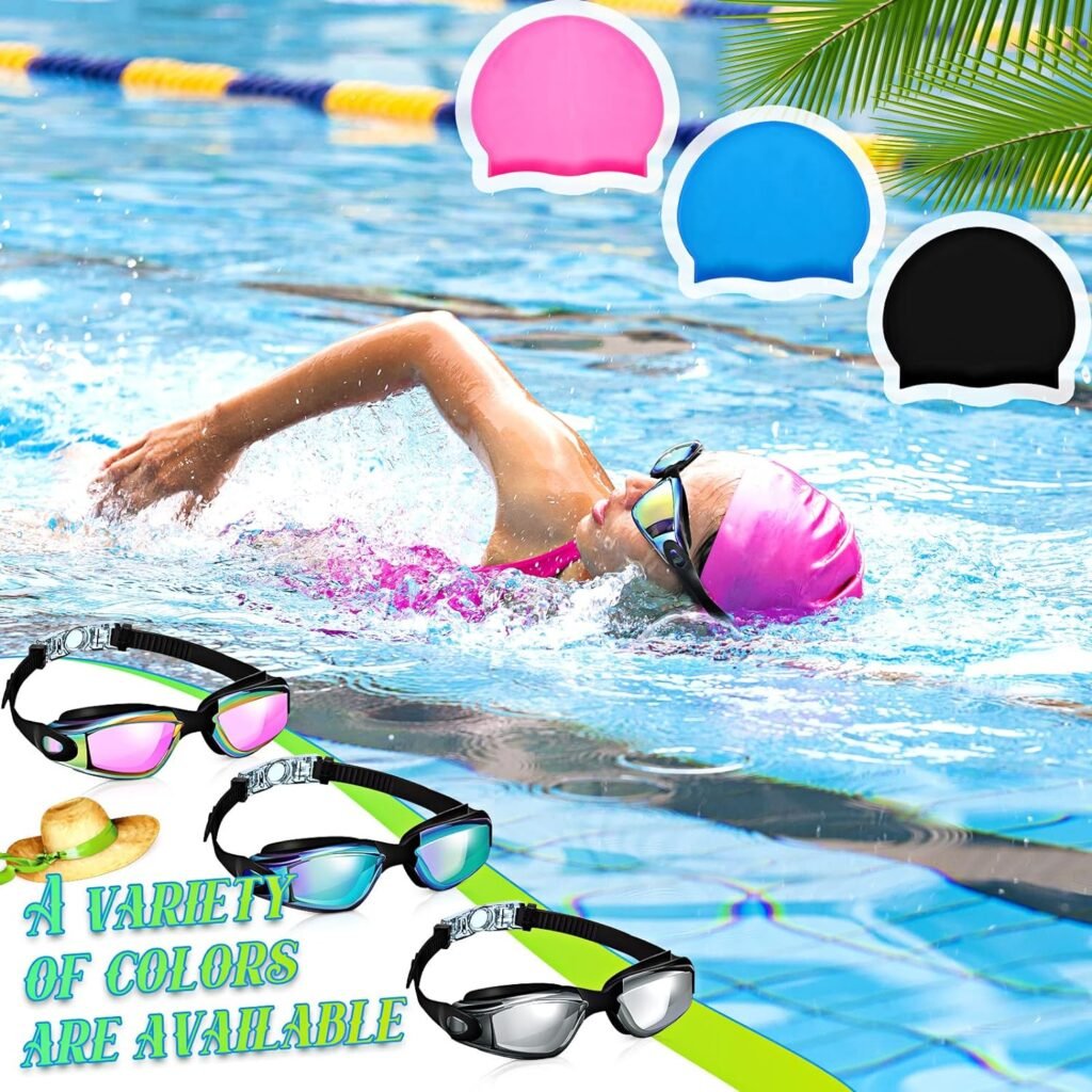 6 Pack Swim Goggles Hat for Adults Women with Nose Plug Earplug Waterproof Anti Fog Clear Stretchable Goggle Pack (Bright Style)