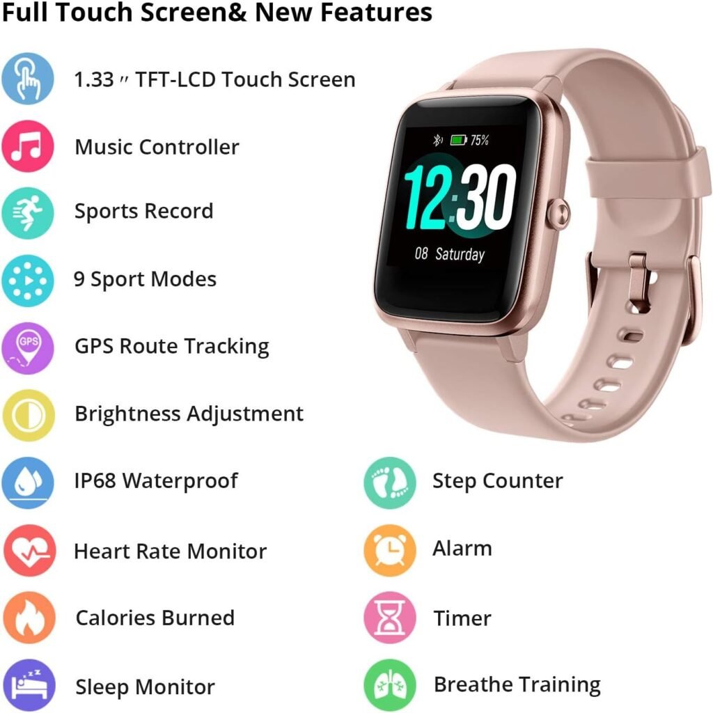 Fitpolo Fitness Tracker with Heart Rate Monitor, Smart Watch 1.3 inches Color Touch Screen IP68 Waterproof Step Calorie Counter Sleep Monitoring Pedometer Watches Activity Tracker for Women Men Kids