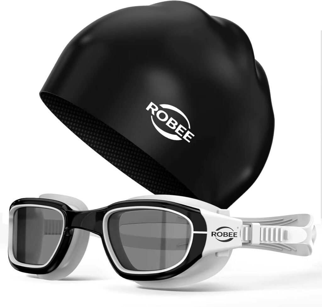 Robee Swim Goggles, Swimming Cap and Goggles Case, Polarized Swimming Goggles Silicone Cap for Adult Men Women
