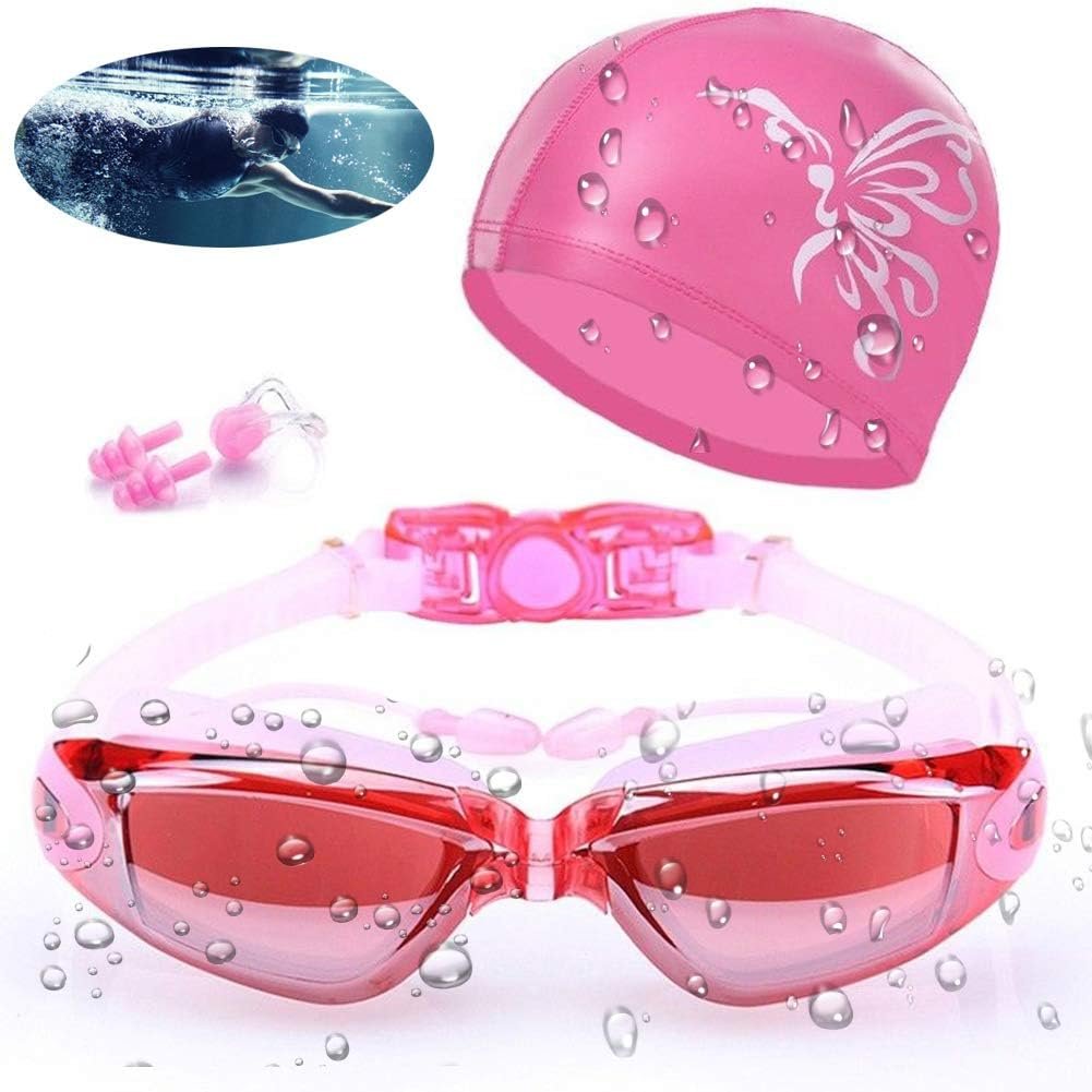 Swimming Goggles Waterproof and Cap Set 4 in 1, UV 400 Protection Lenses Clear Anti-Fog