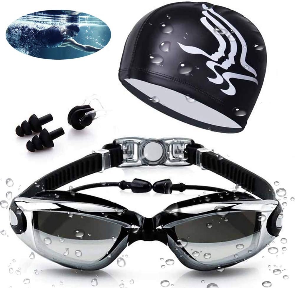 Swimming Goggles Waterproof and Cap Set 4 in 1, UV 400 Protection Lenses Clear Anti-Fog