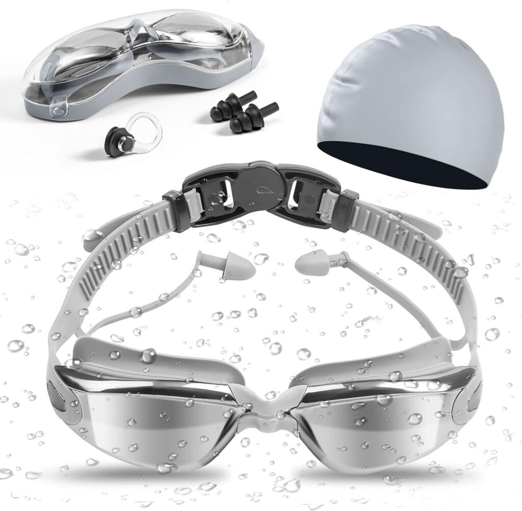 Nieolheoui Swimming Goggles Swimming Cap Set for Adults, UV Protection Lenses Clear Anti-Fog Swim Goggles Waterproof Swimming Cap with Nose Plug Earplug