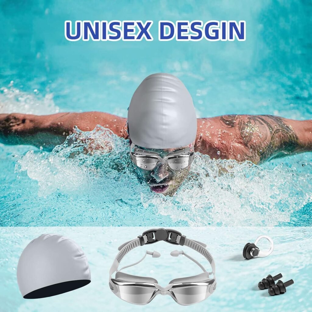 Nieolheoui Swimming Goggles Swimming Cap Set for Adults, UV Protection Lenses Clear Anti-Fog Swim Goggles Waterproof Swimming Cap with Nose Plug Earplug