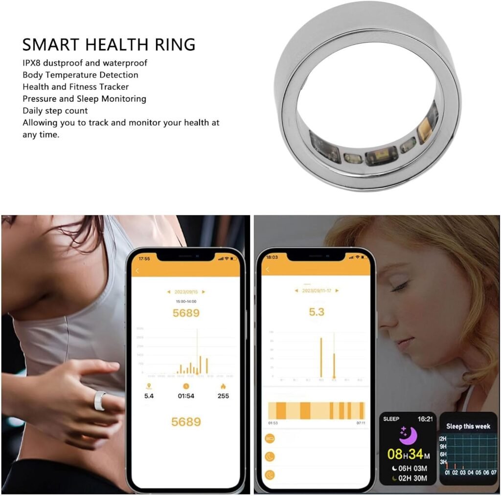 Smart Health Ring, Bluetooth Pressure Sleep Monitoring Health Ring Fitness Tracker IPX8 Waterproof Rechargeable Health Monitor for Heart Rate, Body Temperature, Sleep, Pedometer