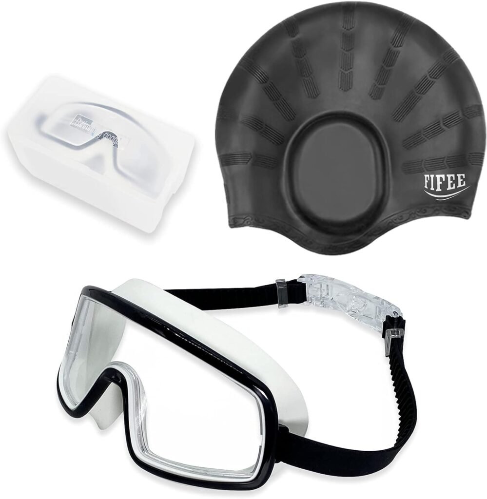 Swim Goggle+Cap set for Adult, Goggles Adult Swimming, Wide Vision Swimming Goggles Cap Set